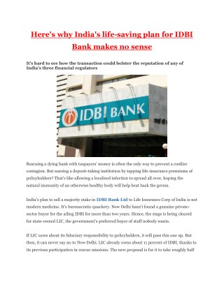 Here's why India's life-saving plan for IDBI Bank makes no sense