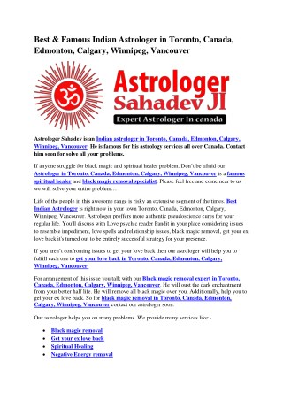 Best & Famous Indian Astrologer in Toronto, Canada, Edmonton, Calgary, Winnipeg, Vancouver