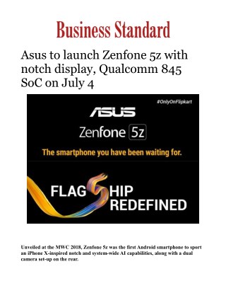Asus to launch Zenfone 5z on Flipkart-exclusive smartphone soonÂ 