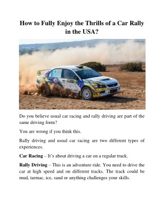 How to Fully Enjoy the Thrills of a Car Rally in the USA?