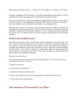 Personalised Care Plans | Care for the elderly in their own home