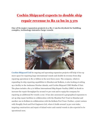 Cochin Shipyard expects to double ship repair revenue to Rs 12 bn in 3 yrs
