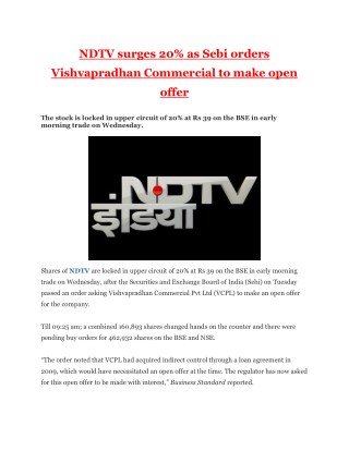 NDTV surges 20% as Sebi orders Vishvapradhan Commercial to make open offer