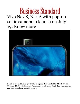 Vivo Nex S, Nex A with pop-up selfie camera to launch on July 19: Know moreÂ 