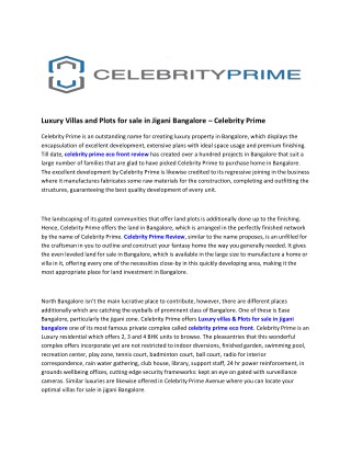 Luxury Villas and Plots for sale in Jigani Bangalore â€“ Celebrity Prime
