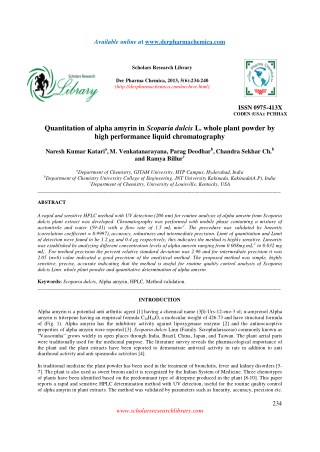 Quantitation of alpha amyrin in Scoparia dulcis L. whole plant powder by high performance liquid chromatography