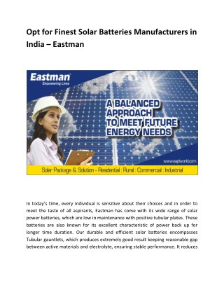 Opt for Finest Solar Batteries Manufacturers in India â€“ Eastman