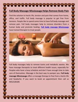 Full Body Massage Mississauga Helps To Remove Body Pain