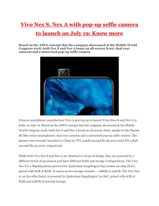 Vivo Nex S, Nex A with pop-up selfie camera to launch on July 19: Know more