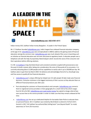 Indian money CEO, Sudheer Indian money Bangalore - A Leader in the Fintech Space
