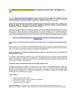 The Methyl Ester Ethoxylate Market is Projected to Reach USD 139.8 Million by 2021