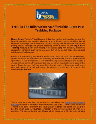 Trek To The Hills Within An Affordable Rupin Pass Trekking Package