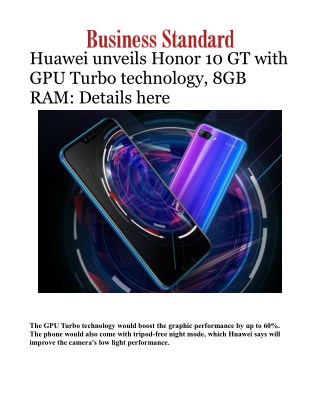 Huawei unveils Honor 10 GT with GPU Turbo technology, 8GB RAM: Details hereÂ 