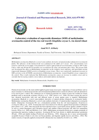 Laboratory evaluation of superoxide dismutase (SOD) of methylamine avermactin control of the rice red weevil (Sitophilus