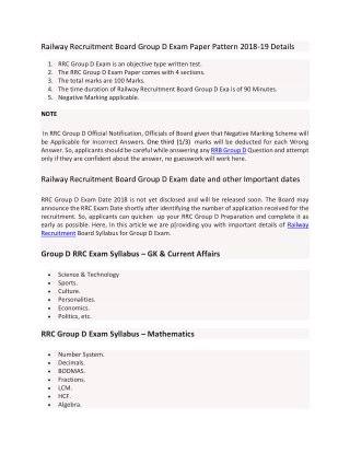 Railway Recruitment Board Group D Exam Paper Pattern 2018-19 Details