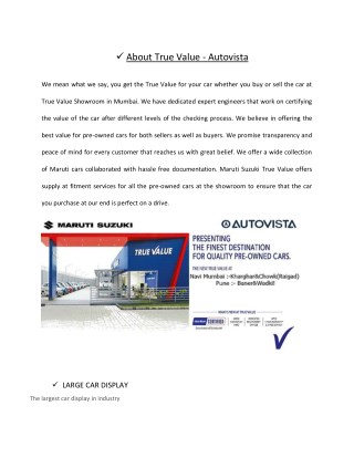 Maruti Suzuki True Value! Maruti Suzuki Used Car Showroom! Maruti True Value Dealers in Mumbai, Navi Mumbai & Pune â€“ A