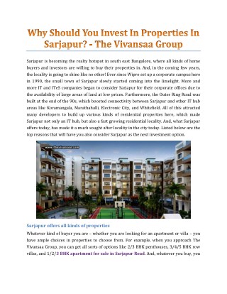 Why Should You Invest In Properties In Sarjapur? - The Vivansaa Group