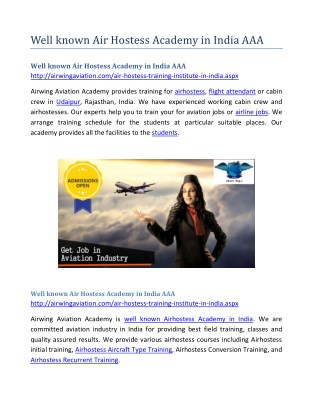 Well known Air Hostess Academy in India AAA