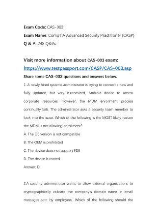 2018 Testpassport CompTIA CAS-003 Practice Questions