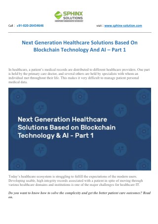 NEXT GENERATION HEALTHCARE SOLUTIONS BASED ON BLOCKCHAIN TECHNOLOGY AND AI â€“ PART 1