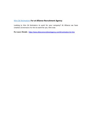 2d Animators For Hire at Alliance Recruitment Agency