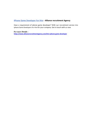Hire iPhone Game Developer at Alliance recruitment Agency