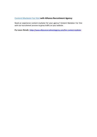Hire Content Marketer with Alliance Recruitment Agency