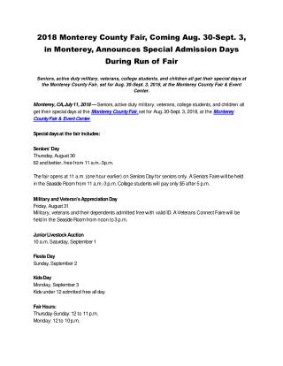 2018 Monterey County Fair, Coming Aug. 30-Sept. 3, in Monterey, Announces Special Admission Days During Run of Fair