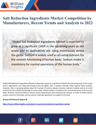 Salt reduction ingredients market competition by manufacturers, recent trends and analysis to 2022