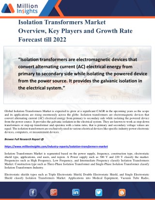 Isolation Transformers Market Overview, Key Players and Growth Rate Forecast till 2022