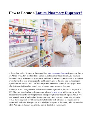 How to Locate a Locum Pharmacy Dispenser jobs?