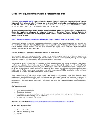 Global Ionic Liquids Market Outlook & Forecast up to 2021