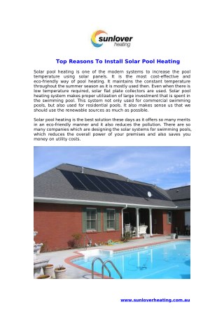 Top Reasons To Install Solar Pool Heating