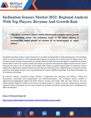 Inclination Sensors Market 2022: Regional Analysis With Top Players, Revenue And Growth Rate