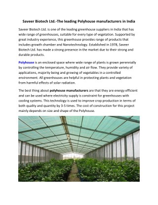 Saveer Biotech Ltd.-The leading Polyhouse manufacturers in India