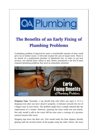 The Benefits of an Early Fixing of Plumbing Problems