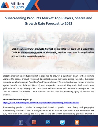 Sunscreening Products Market Top Players, Shares and Growth Rate Forecast to 2022