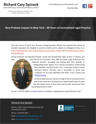Best Probate Lawyer in New York - 30 Years of Unmatched Legal Practice