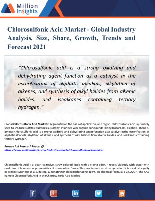 Chlorosulfonic Acid Market Demand, Growth, Opportunities, Analysis and Global Forecast to 2021