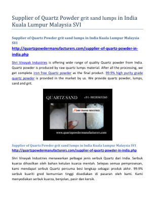 Supplier of Quartz Powder grit sand lumps in India Kuala Lumpur Malaysia SVI