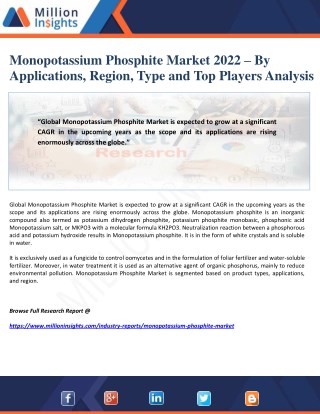 Monopotassium Phosphite Market 2022 â€“ By Applications, Region, Type and Top Players Analysis