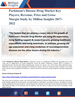 Parkinson's Disease Drug Market Key Players, Revenue, Price and Gross Margin Study by Million Insights 2017-2022