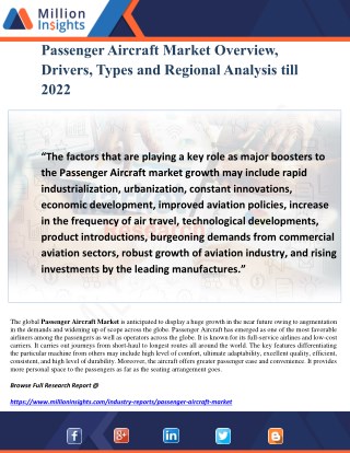 Passenger Aircraft Market Overview, Drivers, Types and Regional Analysis till 2022