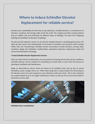 Where to induce Schindler Elevator Replacement for reliable service?