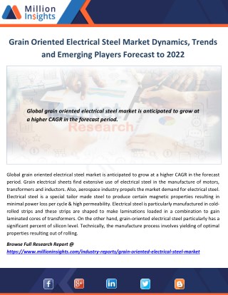 Grain Oriented Electrical Steel Market Dynamics, Trends and Emerging Players Forecast to 2022