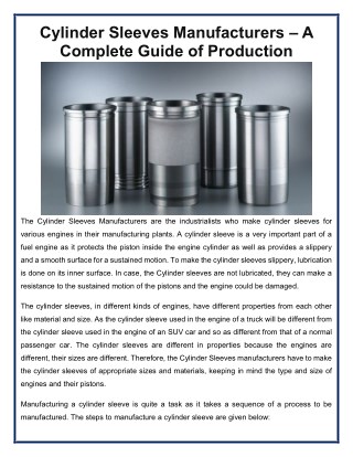 Cylinder Sleeves Manufacturers â€“ A Complete Guide of Production