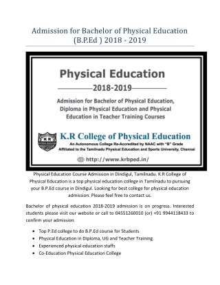 Admission for Bachelor of Physical Education (B.P.Ed ) 2018 - 2019