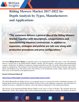 Riding Mowers Market 2017-2022 In-Depth Analysis by Types, Manufacturers and Applications