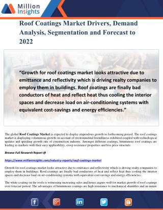 Roof Coatings Market Drivers, Demand Analysis, Segmentation and Forecast to 2022