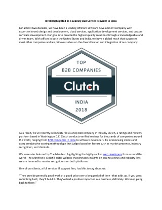 ISHIR Highlighted as a Leading B2B Service Provider in India
